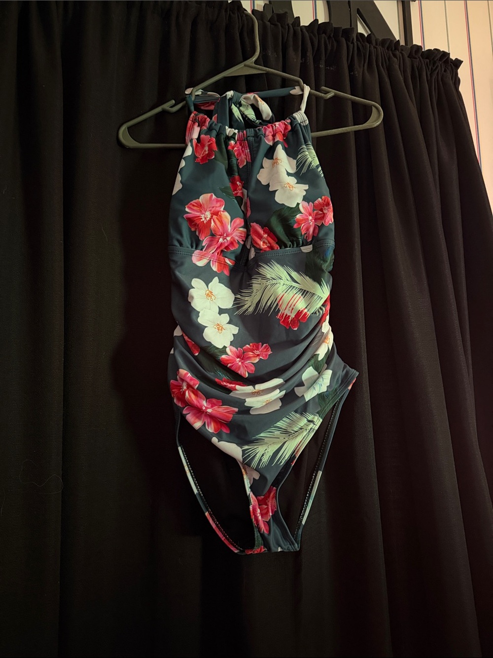 Womens Floral Halter One-Piece Swimsuit - Navy with Pink & White Flowers